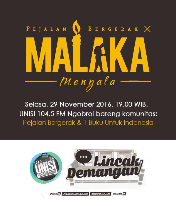 Malam ini, pukul 19.00 WIB. Kami bersama <a href="/pejalanbergerak/">Pejalan Bergerak</a> akan kembali mengudara di Lincak Demangan, UNISI 104.5 FM mengulas #MalakaMenyala