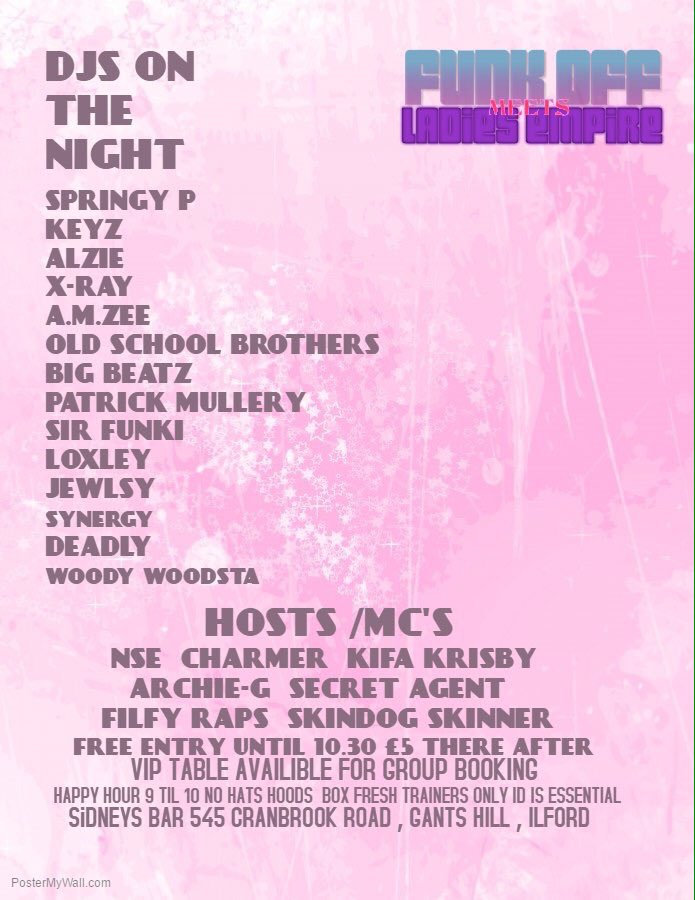 <a href="/FUNK_OFF_EVENTS/">FUNK OFF EVENTS</a> <a href="/LadiesEmpire_/">LadiesEmpire</a> <a href="/SidneysBarIG2/">Sidneys Bar & Lounge</a> 

<a href="/oldschoolbros/">Old School Bros - THE HOUSE OF TOYS</a> <a href="/SirFunki/">Sir Funki</a> <a href="/thedjloxley3/">chris loxley</a> <a href="/Dj_Jewlsy/">DJ DEEP OUSE JEWLSY</a> <a href="/MCNSE/">NSEHQ</a> @Krisbymc <a href="/FILFY1/">FILFY</a> plus more