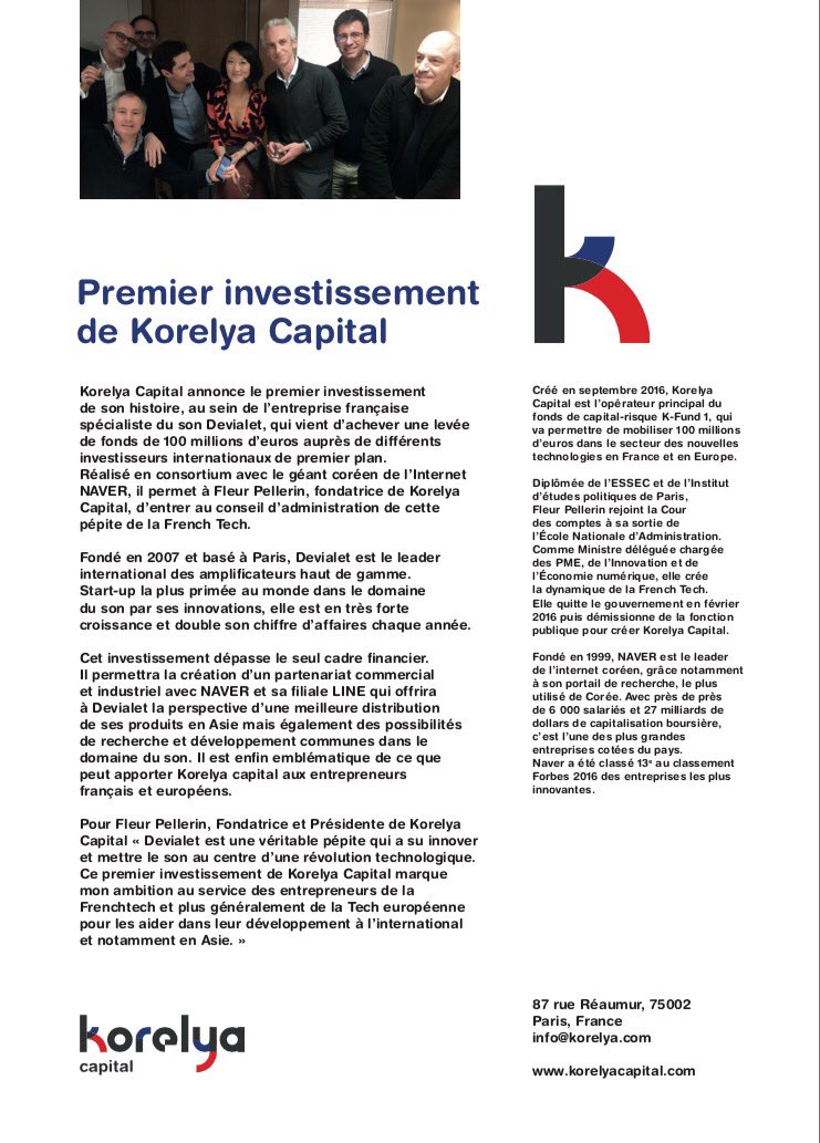 Le communiqué de presse officiel de l'investissement de <a href="/korelyacapital/">Korelya Capital</a> dans <a href="/DEVIALET/">DEVIALET</a> #FrenchTech