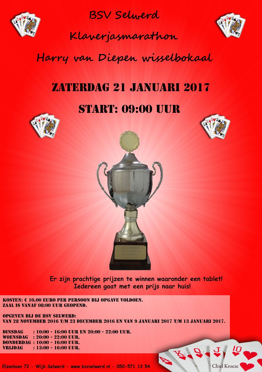 Daar is hij weer! Klaverjasmarathon "Harry van Diepen wisselbokaal" Zaterdag 21 januari 2017 Info: bsvselwerd.nl #Selwerd <a href="/selwerd/">Selwerd</a>