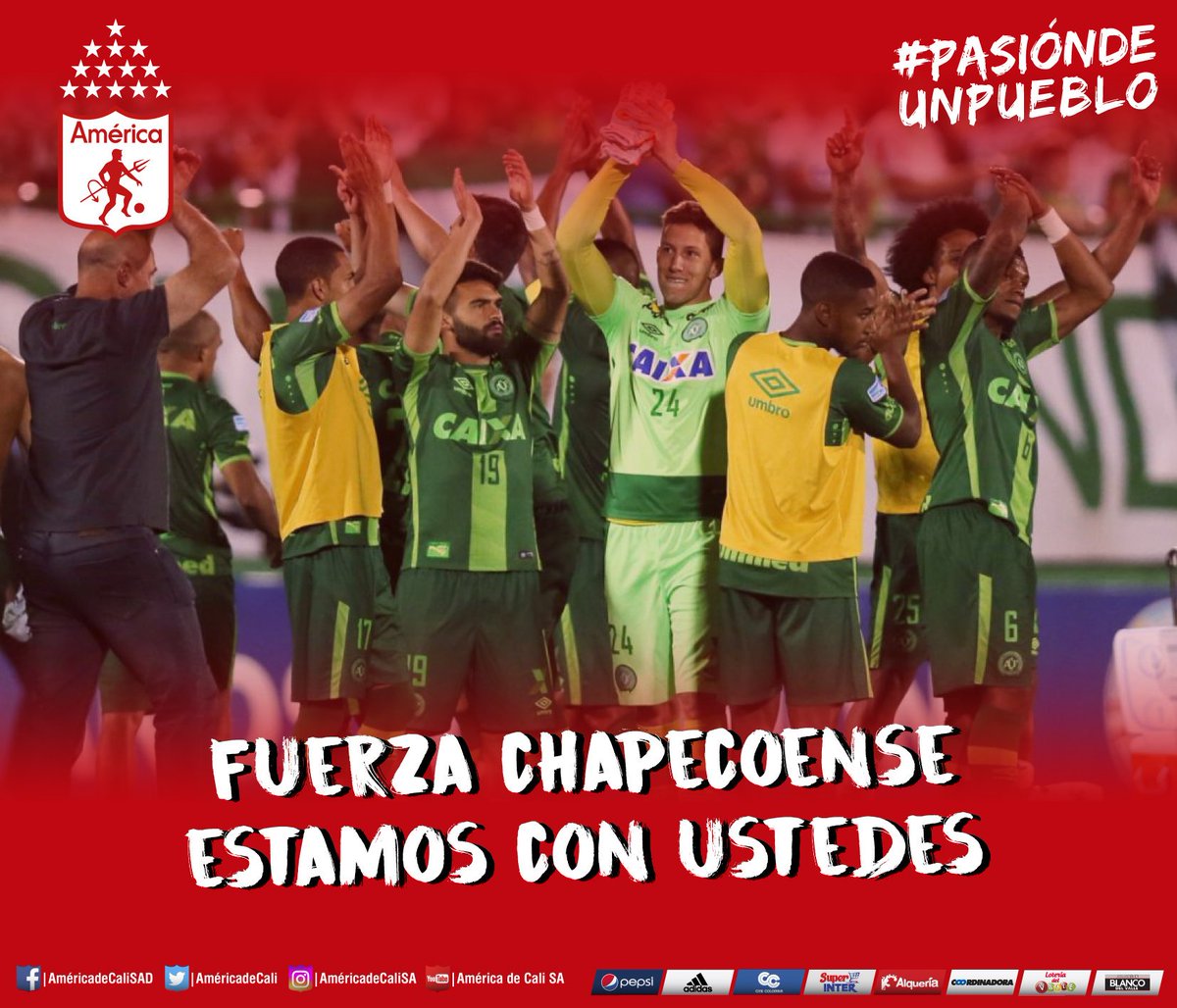 AmericadeCali's tweet photo. Le envíamos un abrazo de solidaridad y fuerza a toda la familia de @ChapecoenseReal.
 
La familia escarlata está con ustedes. https://t.co/lSbCrImtBi