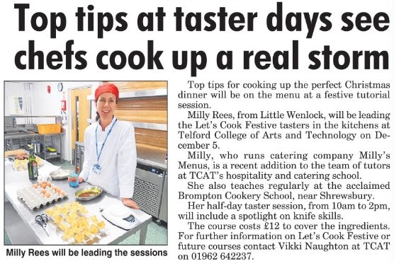 Wonderful Christmas Cooking taster course on the 5th December and there are still a few spaces <a href="/TelfordWhatsOn/">Whats on Telford</a>
<a href="/WhatsOnShrops/">Shropshire What's On</a> <a href="/telfordlive/">Telford Live!</a>