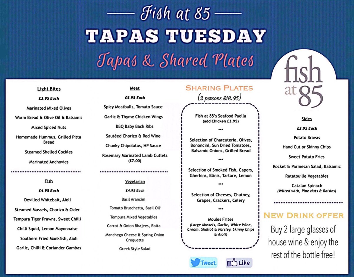 It's Tapas Tuesday Tonight! Buy 2 large glasses of house wine &amp; enjoy the rest of the bottle free! #TapasTuesday To book call 20 235666 ☎️