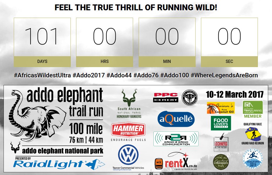 fsaevents's tweet photo. The countdown continues - just 101 days until #Addo2017 #AfricasWildestUltra #WhereLegendsAreBorn @RaidlightZa @raidlight @SANParks @TRAILza https://t.co/67gRKcilHl