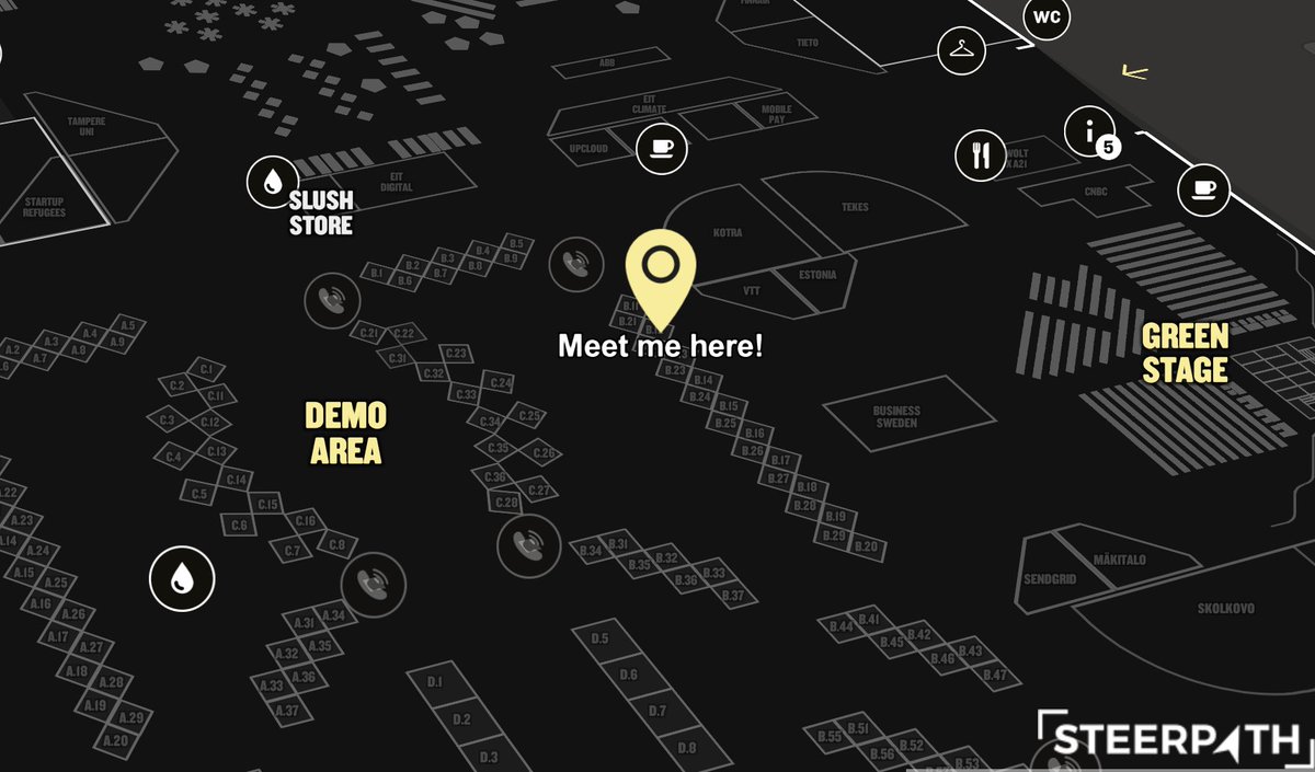 Steerpath's tweet photo. Want to share booth location or found a cool #startup you at #slush16? Use https://t.co/umg9V5H2nd or #SlushApp to #share it with the world! https://t.co/EqDSqlC98g