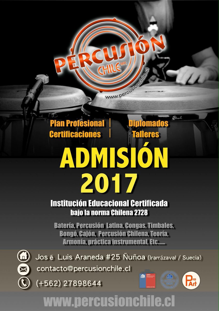 PercusionChile's tweet photo. Matrículas 2017               
Batería 
Congas 
Cajón 
Timbales 
Bongó 
Teoría 
Tambor 
Composición 
Práctica.. https://t.co/07dhJZgnQQ