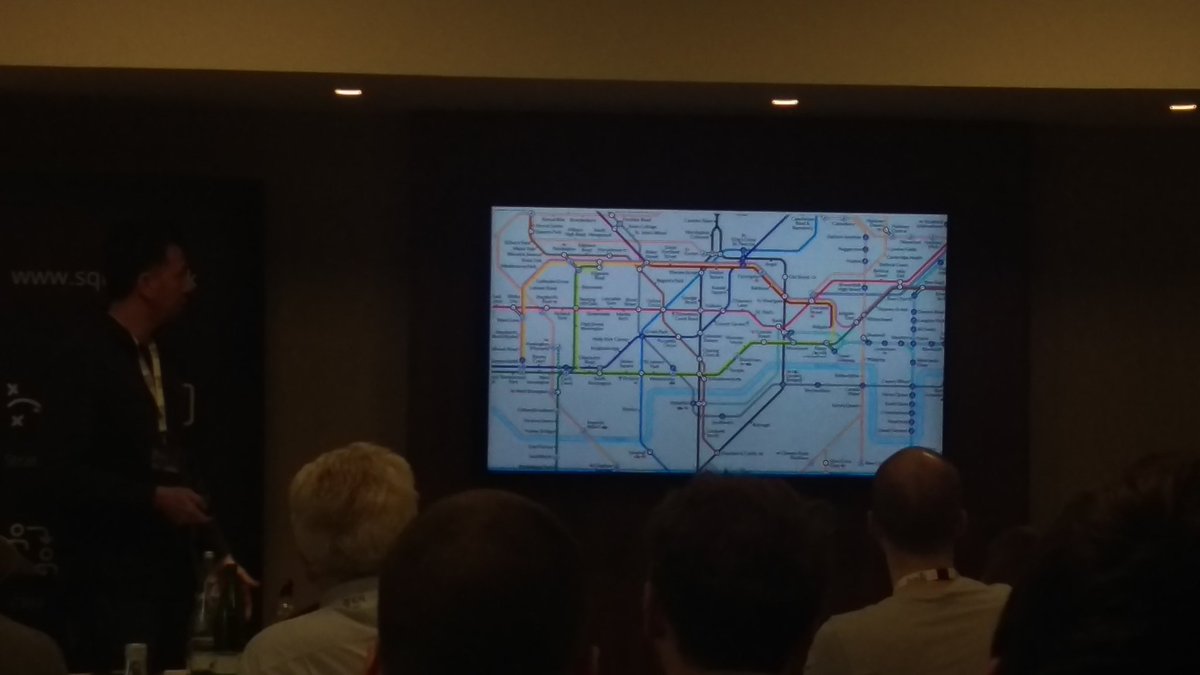 AdamTheFrank's tweet photo. Sam Marks (@Quilo) talking about a great example of #UX - the @TfL tube map. #squizedinburgh16 @squizuk https://t.co/bM6WMHW5PN
