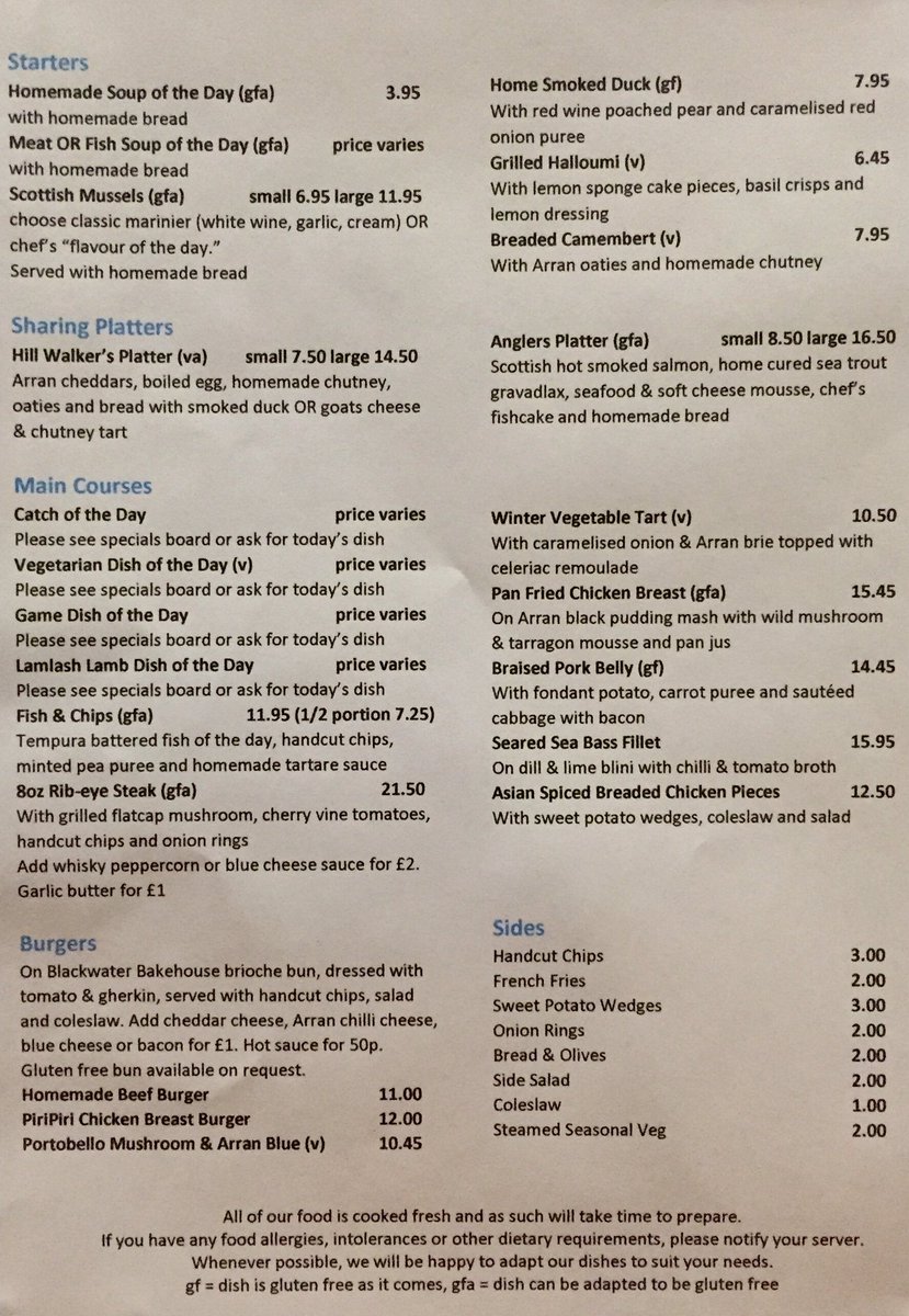 New winter menu now on! Come try it tomorrow and get the second main course (equal or lesser value) #FREE! #arran #BOGOF