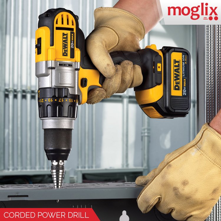 moglix's tweet image. A corded power drill is usually used for drilling holes in metal, plastics, wood, brick, stone, concrete, glass, and tiles. 
#ToolGuide
