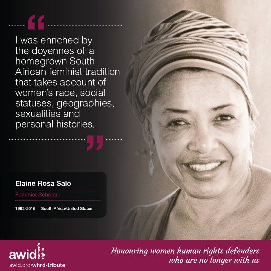 We honour &amp; celebrate #WHRD Elaine Rosa Salo &amp; her contribution to advancing #Humanrights awid.org/whrd-tribute. <a href="/AWID/">AWID</a> <a href="/MenEngage/">MenEngage Alliance</a>