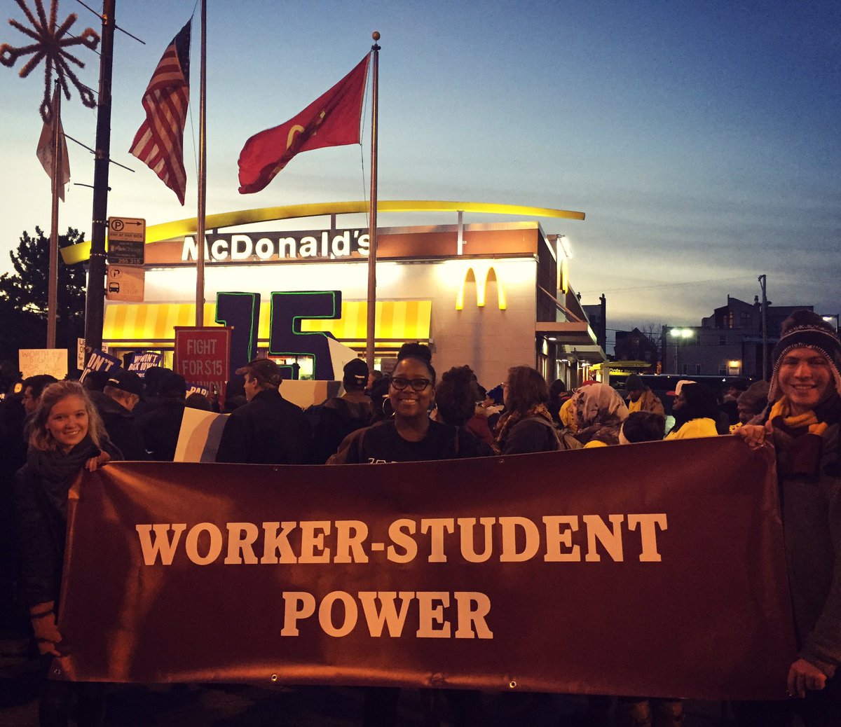 USAS's tweet photo. STRIKE! Students across the country are hitting the streets to #fightfor15 and a union. We won't back down! #USASfor15 https://t.co/F63QKIgaTE