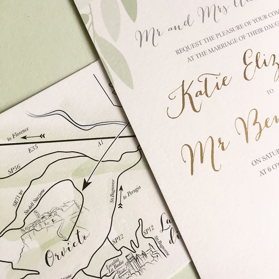 A stunning stationery suite we have created for a 2017 Italian wedding, including a bespoke hand illustrated map. #Bespokestationery