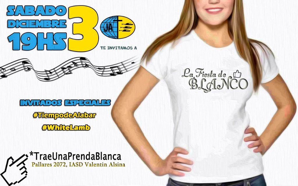 JA_SyS's tweet photo. Este Sábado 3/12⏰19hs llega a IASD V.ALSINA #LaFiestadeBlanco 👕 nos Acompañará #TiempoDeAlabar 🎶y #WhiteLamb 🎸🎼 https://t.co/5lOsLlN6LX