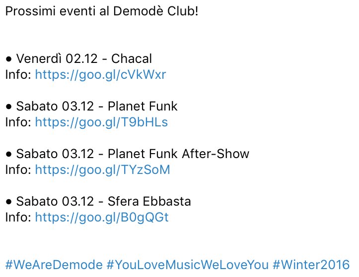 DemodeClub's tweet photo. Prossimi Eventi !
Info su https://t.co/mXoTXGJqgp o https://t.co/YO0ppGeYHy 
#WeAreDemode #Winter2016 https://t.co/gZaeiTJC52