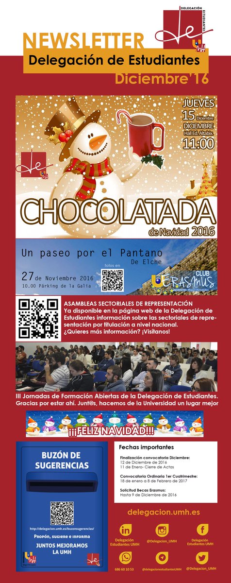 ¡Ya está aquí nuestra Newsletter de Diciembre! <a href="/cluberasmusumh/">Club Erasmus Umh</a> #Chocolatada2016 #Fechas