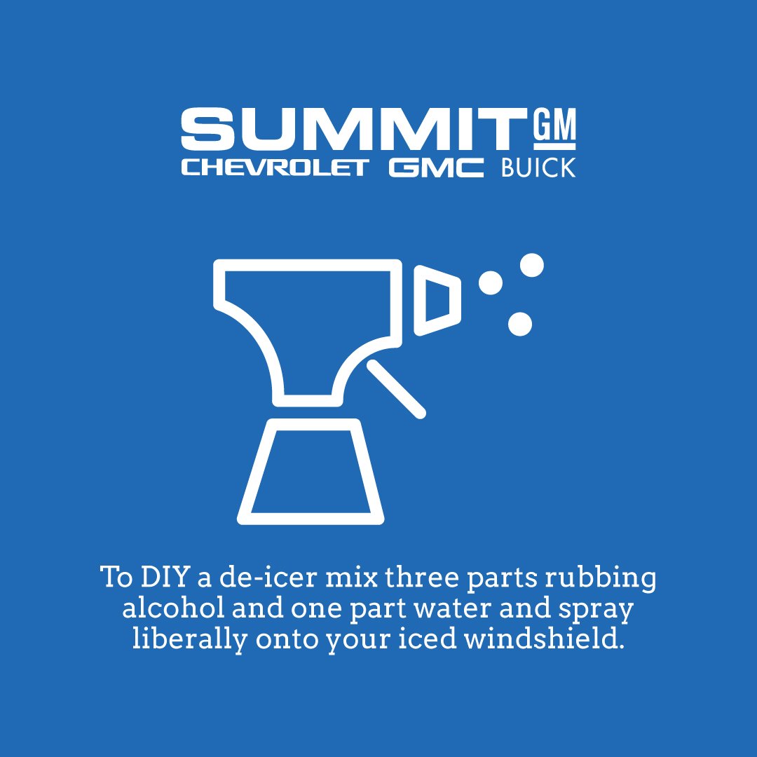 Summit_GM's tweet photo. #WhatYouAutoKnow DIY a de-icer by mixing 3 parts rubbing alcohol &amp; 1 part water. Spray on windshield and watch as ice melts away! #SummitGM https://t.co/QnuPYds38o