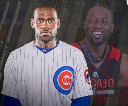 CHISportsNation's tweet photo. When the Cavs come to Chicago Friday, LeBron will walk into the arena wearing a Cubs uniform after losing a World Series bet with D-Wade! https://t.co/hs2xN7GGEF
