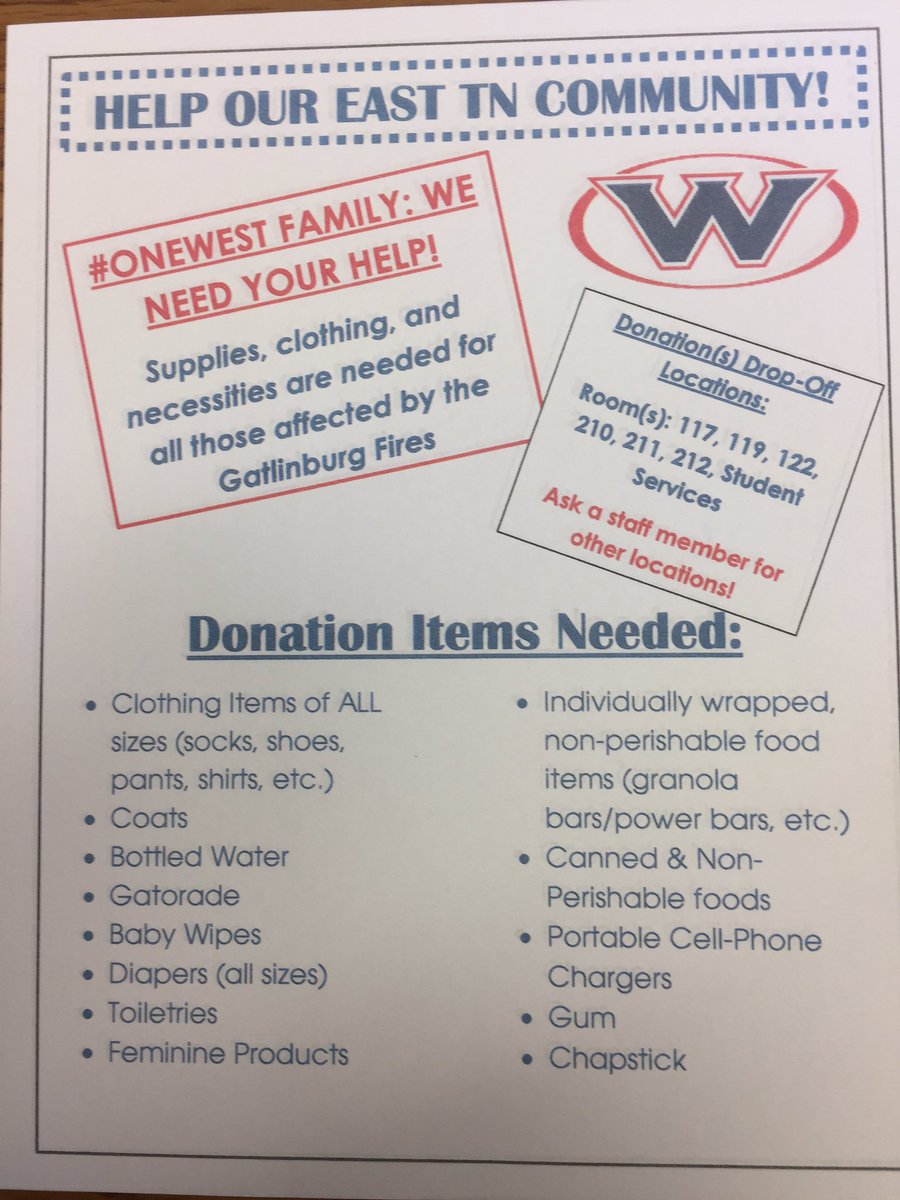 WestCounseling's tweet photo. West family, let's show our #onewest spirit by helping those impacted by the Gatlinburg fires! @WHSRebelYell https://t.co/1SFSiSfOHY