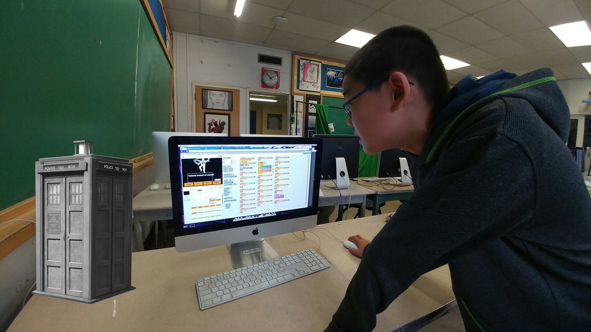 CanadaGrant's tweet photo. Working hard to debug the game he created via code/Scratch @DonMillsMS #CyberARTS @TDSB_STEM #stemdll https://t.co/qFNm7H5Vxc