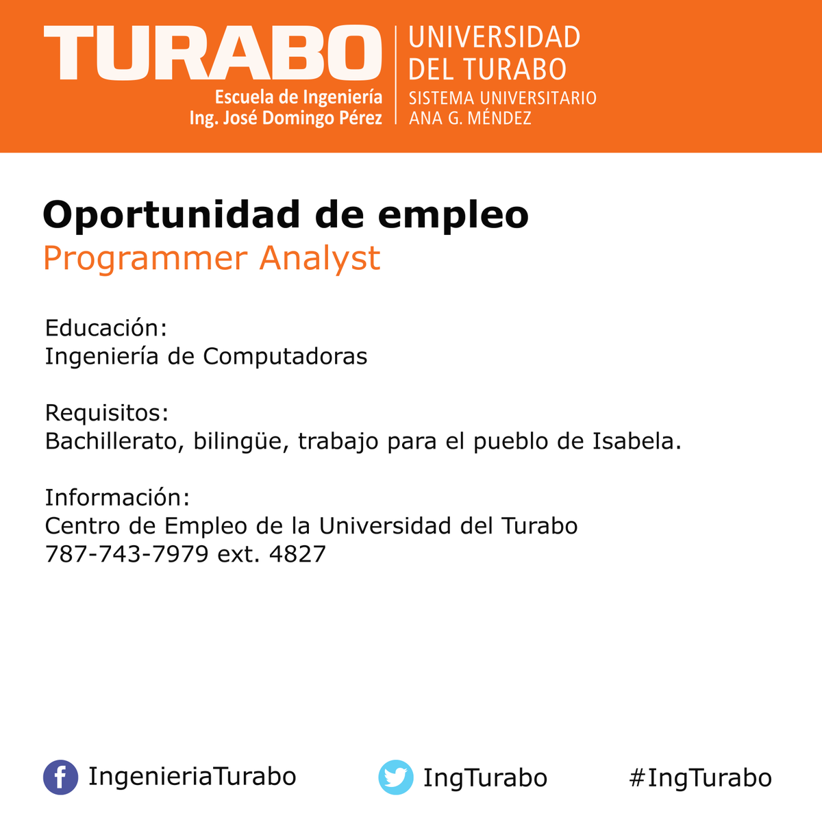 IngTurabo's tweet image. #EngiJobsDay - #ProgrammerAnalyst. Requisitos: #IngenieríaDeComputadoras Bachillerato, bilingüe, trabajo para el pueblo de Isabela.