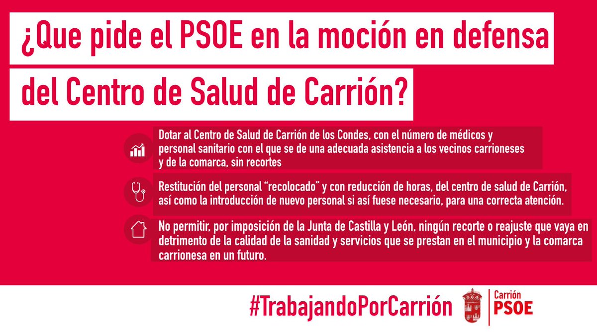 PSOECarrion's tweet photo. ¿Que es lo que los socialistas pedimos en la moción en defensa del centro de salud de Carrion? Aquí un pequeño resumen #TrabajandoPorCarrion https://t.co/jBWVzVj86u