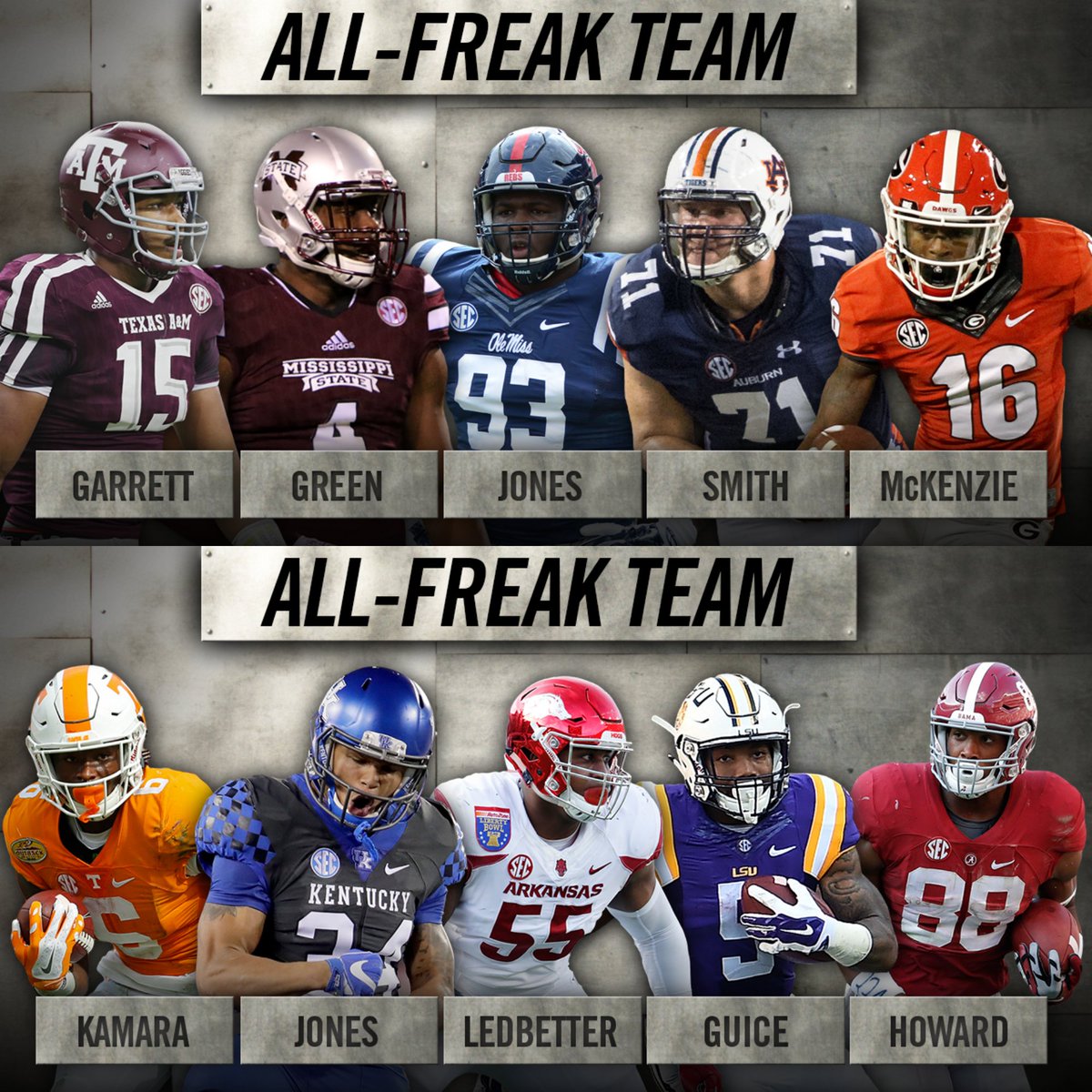 SECNetwork's tweet image. Who is the biggest &amp;amp; baddest in the SEC?

Vote for the Freak Of The Year using the player's name and #SECNation NOW!