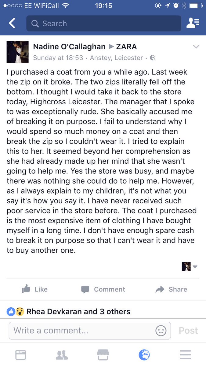 _mrsocallaghan's tweet photo. @ZARA_Care very disappointed with the service I received in you highcross Leicester store #mannerscomeforfree https://t.co/pQiKJ4xMPa