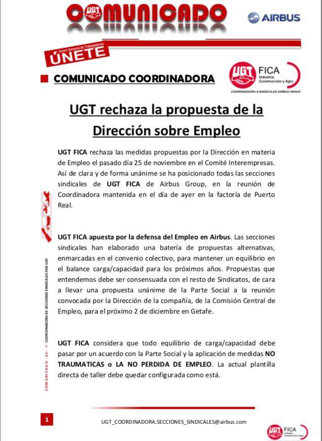 Ugtaireairbus's tweet photo. UGT rechaza la propuesta de la dirección de @Airbus sobre empleo. @UGT_Comunica @UGT_FICA 
NI UN@ MENOS. https://t.co/JYZxtCpzro