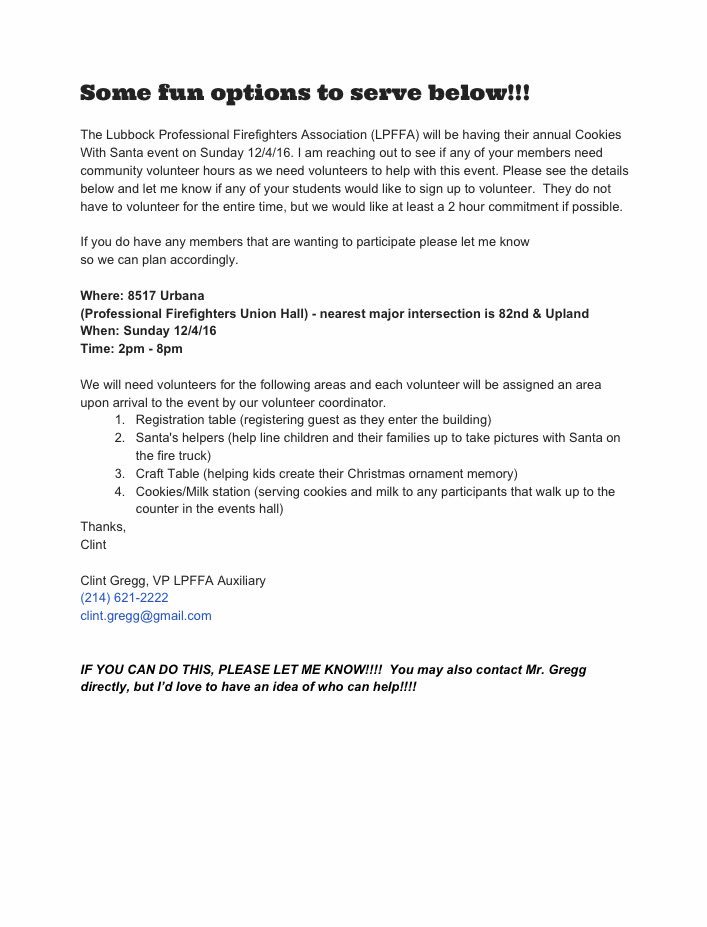 Here is an opportunity for some service hours/points on 12/4/16. Please let Mrs. Atcheson &amp; Mr. Gregg know if you would like to participate.