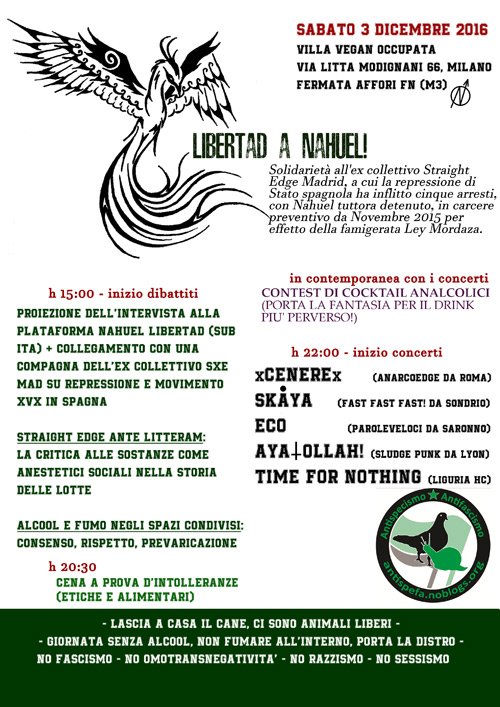 AntispefaMilano's tweet photo. sabato 03.12.16: Giornata solidale e benefit per l’ex collettivo @sXeMadrid ancora sotto repressione! #NahuelLibertad #AbsoluciónSXEMad #xvx https://t.co/8JYh2up95F