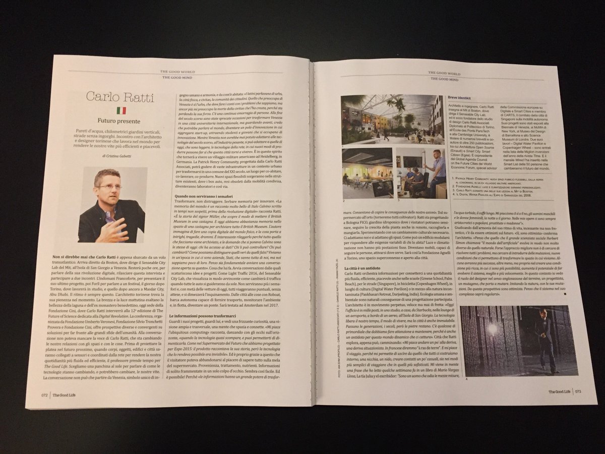 elirossa's tweet photo. Su #thegoodlife @cristinagabetti l'intervista a Carlo Ratti @SenseableCity venuto in #Italia in occasione di #tfos2016 @Fondaz_Veronesi https://t.co/tBuMf6ZPuu