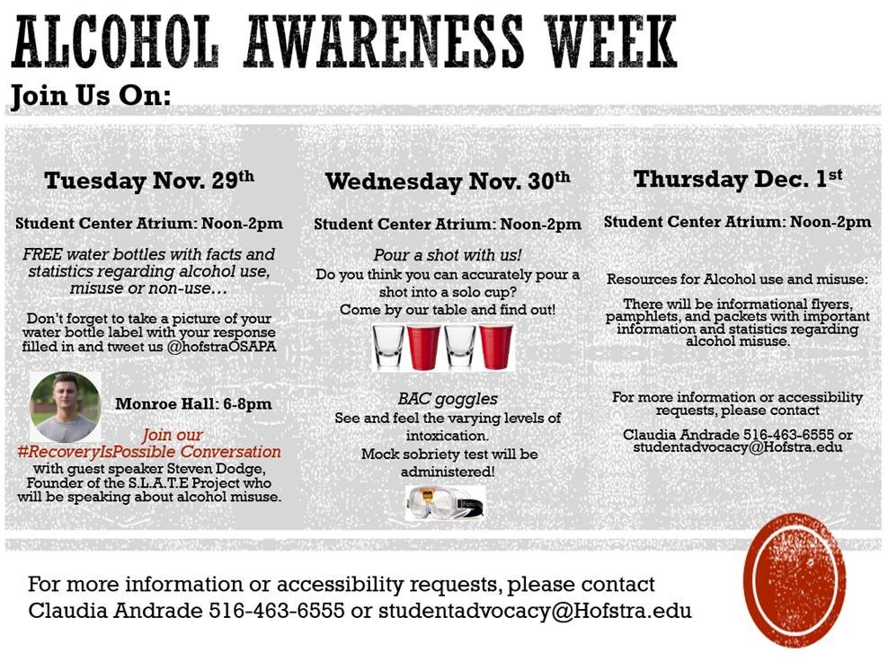 HofstraOSLE's tweet photo. This week is Alcohol Awareness Week! Come to the Student Center Atrium today to get a free water bottle full of facts and statistics! https://t.co/iWwFwM4b8y