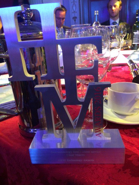 ClearMacro's tweet photo. Proud to win  Best Technology Firm - Client Service Award at the HFM Technology Awards 2016 @clearmacro #hfmtechawards2016 #fintechcircle https://t.co/jHqm7BhvPv