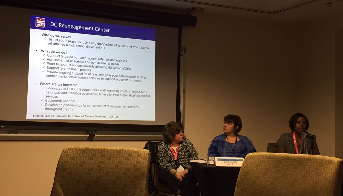 DCSBOE's tweet photo. Ms. Brown of @OSSEDC DC Reengagement Center talks about services for youth 16-24 during #truancy and #absenteeism breakout session #DCITAC https://t.co/48TUNX8wvJ