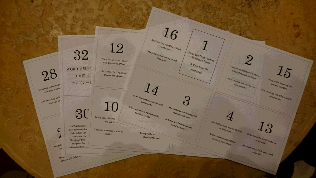 Miw Wordのページ設定で印刷の形式を 本 にして プリンターのページ設定で4ページ分の割付ができるなら こんな風にできます 分かりやすいようにカットする枠線を印刷しました