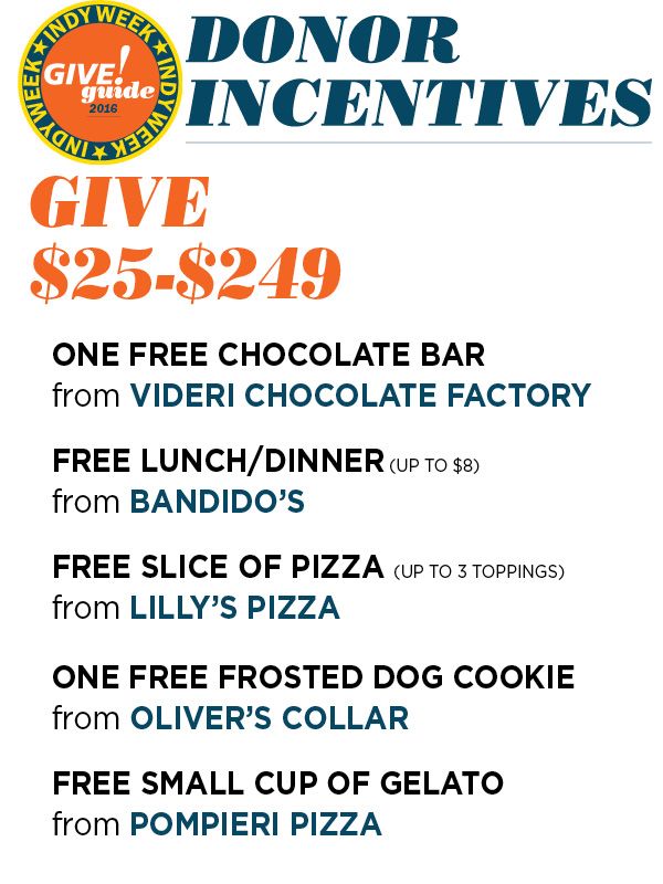 INDYGiveGuide's tweet image. It's #GivingTuesday! Donate to your pick of 44 Triangle nonprofits at buff.ly/2fMOcjH and get treats for yourself as a thank you.