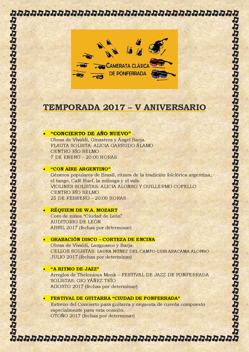 CamerataPonfe's tweet photo. Celebramos nuestro V #Aniversario en 2017 con una temporada llena de sorpresas. #Cultura #Ponferrada ¡No os la perdáis! https://t.co/HUG3VDPKgM