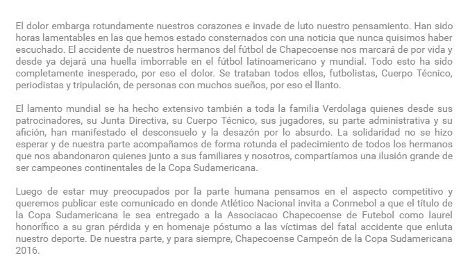 Es oficial: <a href="/nacionaloficial/">Atlético Nacional</a> pidió en un comunicado que se declare campeón al <a href="/ChapecoenseReal/">Chapecoense</a> tras la #TragediaChapecoense.