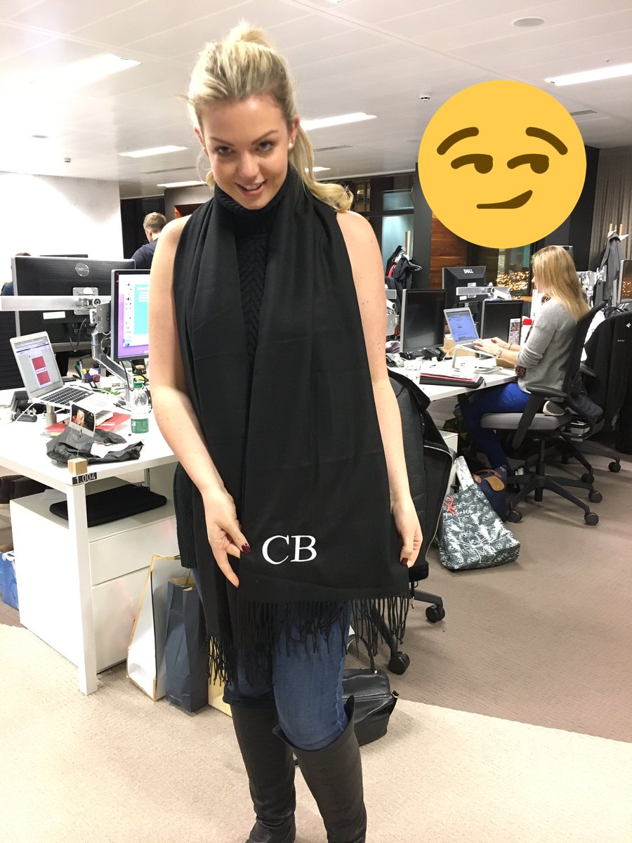bailesy's tweet photo. First it was her phone, now @catbrown has got my initials on her scarf #CB #TheRealCB https://t.co/V2BwPQThmv