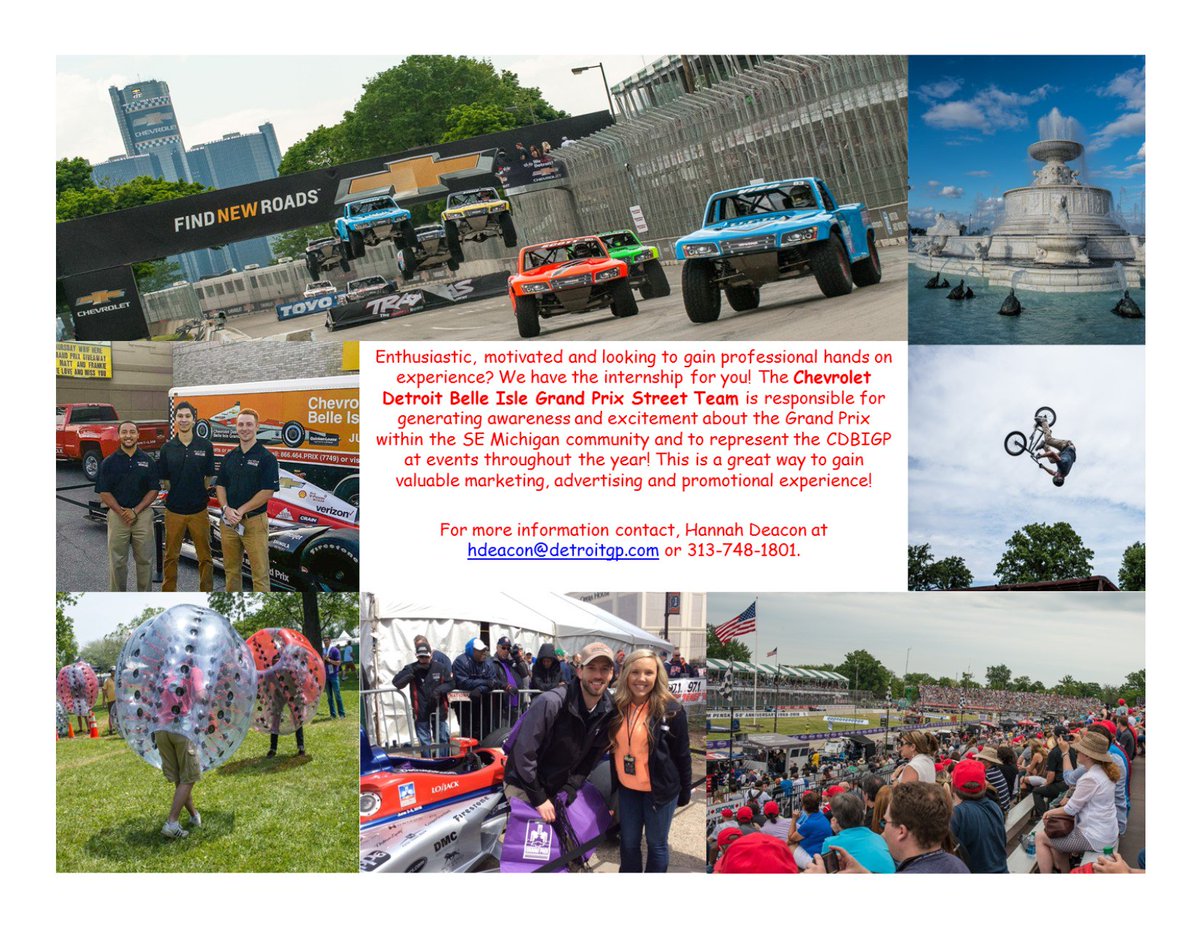 The #DetroitGP Street Team is looking for motivated &amp; enthusiastic college students! Do you have what it takes? Contact Hannah for more info