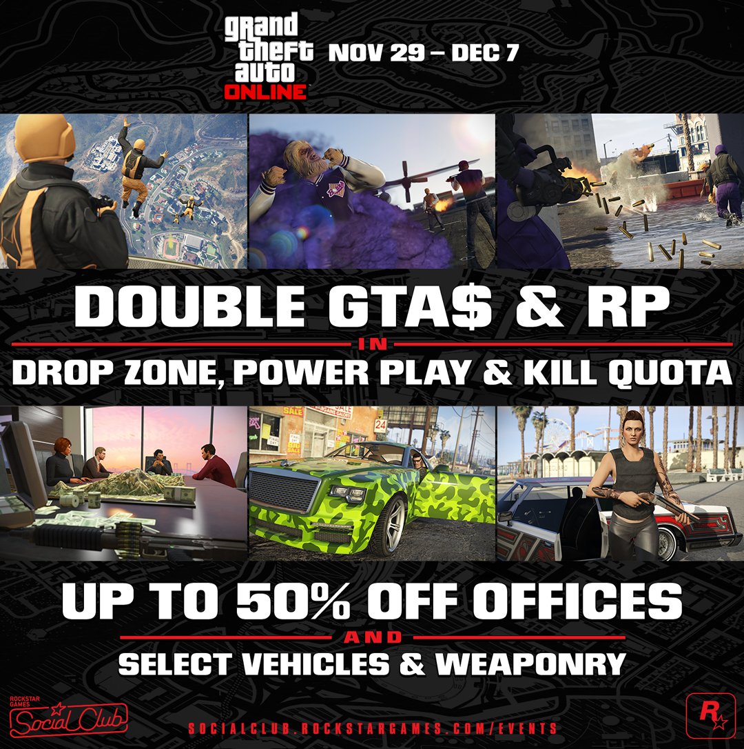 RockstarGames's tweet photo. Drop in and Power up in #GTAOnline
Earn 2x GTA$ &amp; RP across 3 modes
&amp; save big on offices, weapons, and more.
https://t.co/15Vsbdbbdr https://t.co/WnA6fJGUPS