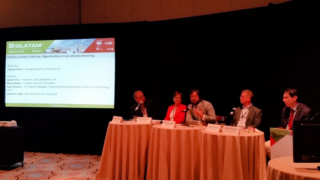 LucasArzolaPhD's tweet photo. .@vidalsebastian1 presenting @p18startups at @BIOLATAM panel on opportunities for non-dilutive financing #Biolatam https://t.co/1zXQcfgAmY