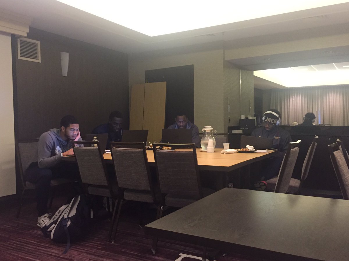 GTAcademics's tweet photo. First road trip of the season for men's basketball...a little study hall action before tonight's ACC/Big10 Challenge game vs. PennState https://t.co/K1A6m3MOrF