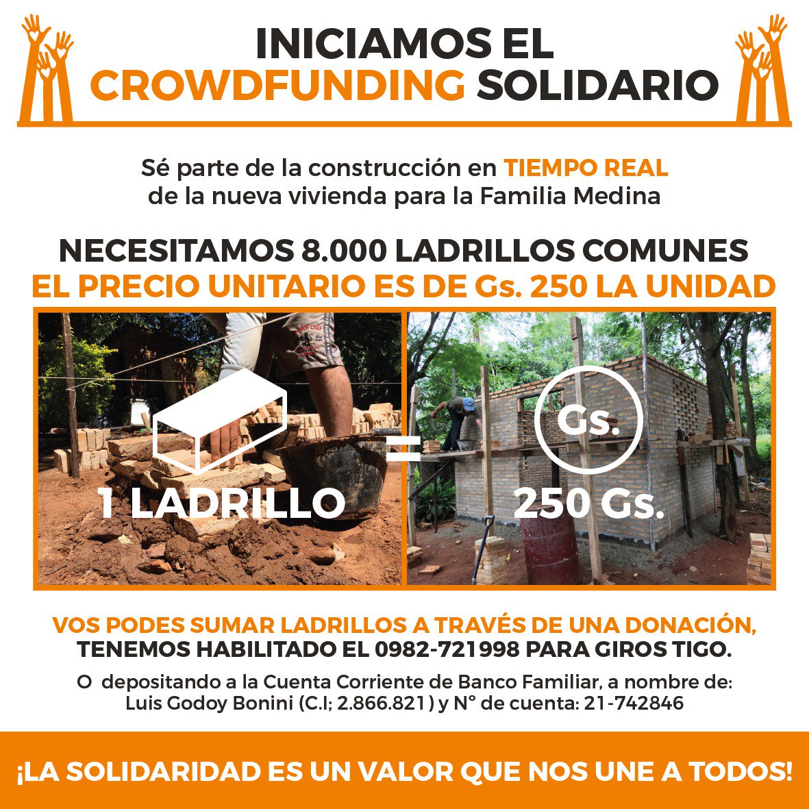 Alvarogk1's tweet photo. Iniciamos el Crowdfunding Solidario! Vos podes sumar ladrillos a la nueva vivienda de los Medina, doná por Giros Tigo al 0982-721998 https://t.co/gdzBQCqvfk