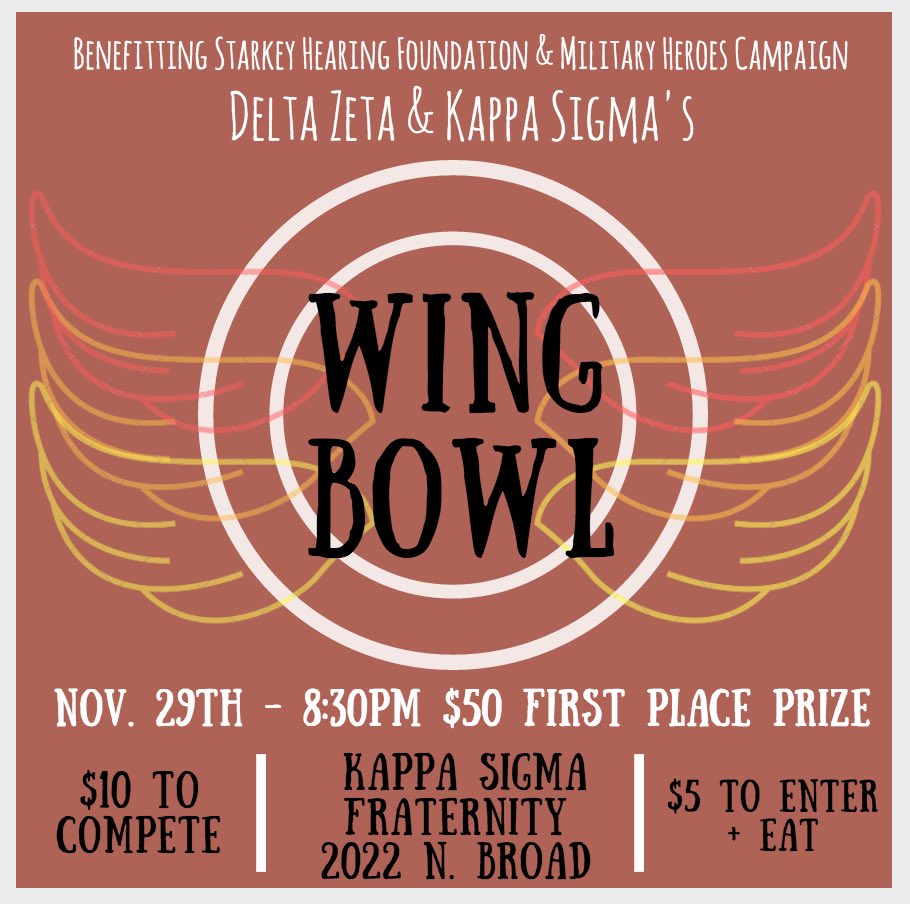 TUDeltaZeta's tweet photo. 🍗‼️TONIGHT‼️🍗 DZ and KΣ's Wing Bowl starts at 8:30 pm! $5 to enter &amp; eat, $10 to compete🍴 Hope to see you there! 🎉 https://t.co/X57BO96P22