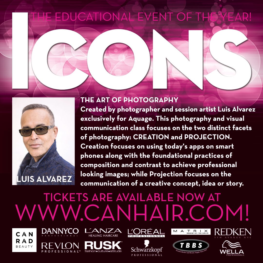 canhair's tweet photo. Don't miss #LuisAlvarez teaching "The Art of Photography" at #Icons on Sunday at @Marca_College on Dufferin! https://t.co/txjL318Ff6