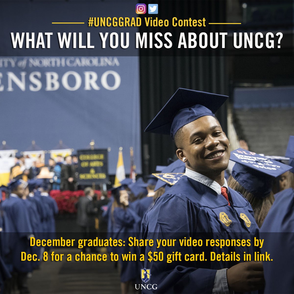 UNCG's tweet photo. December graduates: Enter our Commencement video contest for a chance to win an Amazon gift card! https://t.co/edUkxBoIBw #uncggrad #uncg16 https://t.co/3By8mX1RIl