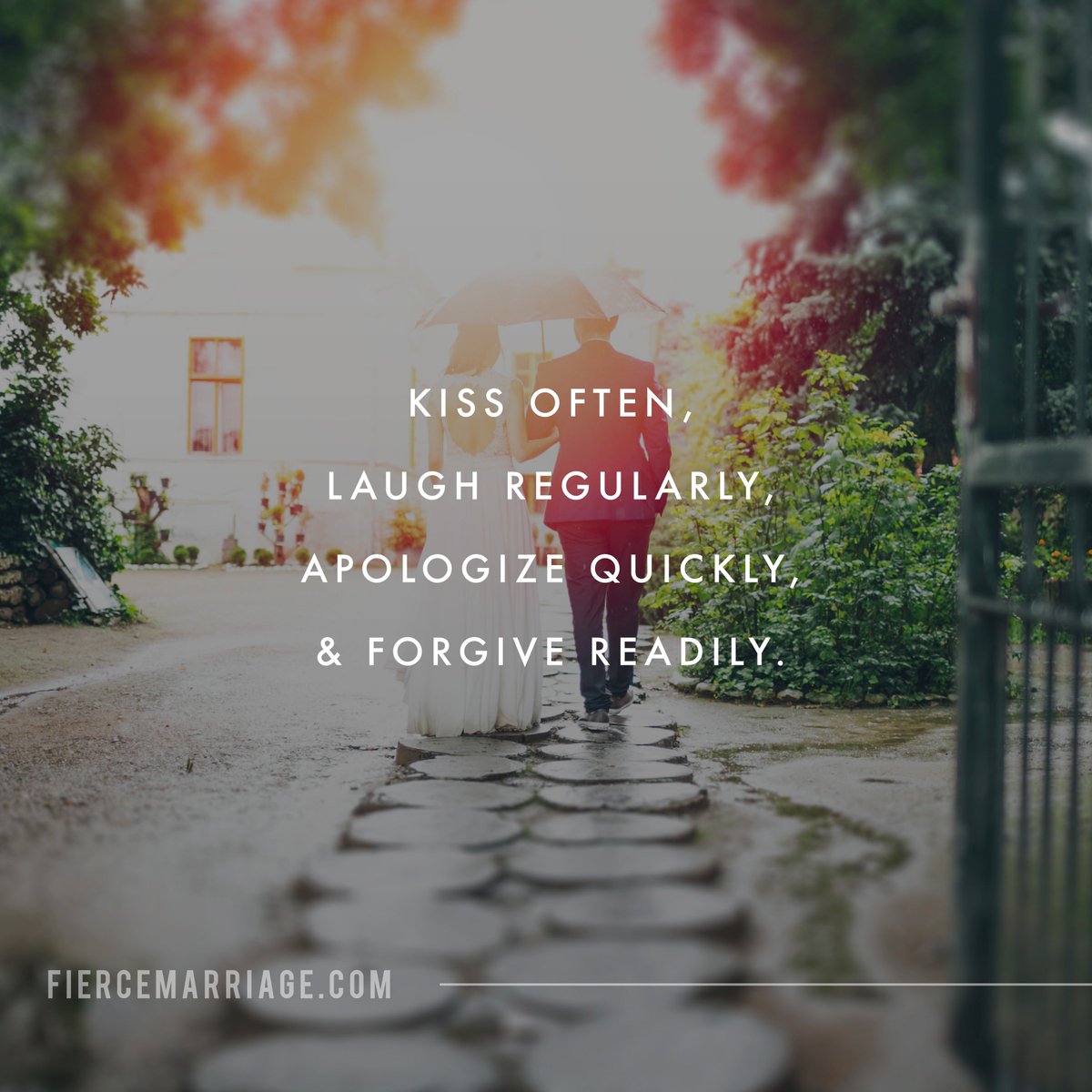 FierceMarriage's tweet photo. Four ways to keep soft hearts toward one another:

1) Kiss often
2) Laugh regularly
3) Repent quickly
4) Forgive readily https://t.co/O93Vv4zaxy