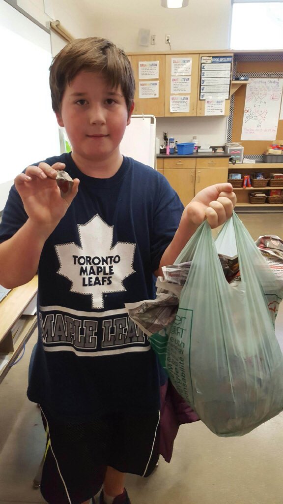 LittleFallsPS's tweet photo. Such a beautiful gesture! This great kid picked up garbage on his way to school today! #RAK2016 lives on! #heartstone #giveback @KLCarlyle https://t.co/YwKhkUtgHi