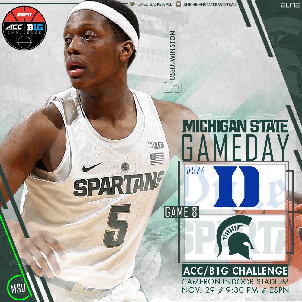 MSU_Basketball's tweet photo. Gameday!! MSU plays #5 Duke in the ACC/Big Ten Challenge tonight on ESPN at 9:30 p.m. #GoGreen https://t.co/eeTDTRCzPa